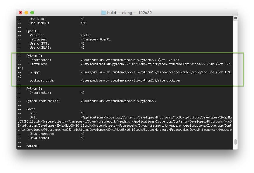 Figure 2: Before compiling OpenCV 3.0 on your OSX system, make sure that cmake has picked up the correct Python interpreter, library, numpy version, and packages path.